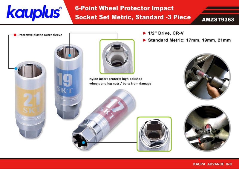 Kauplus 3PCS 1/2â€ Drive Wheel Protector Impact Socket Set, Thin Wall Lug Nut 6Pt-Metric, 17MM â€“ 21MM - Image 5